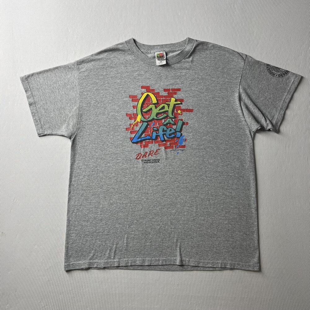 Vintage Fruit Of The Loom Shirt Mens XL Gray DARE Get A Life Graphic Tee 90s